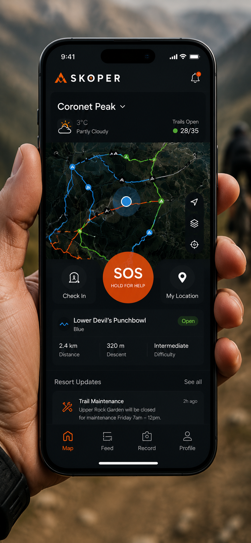 Skoper phone app showing resort map and safety controls