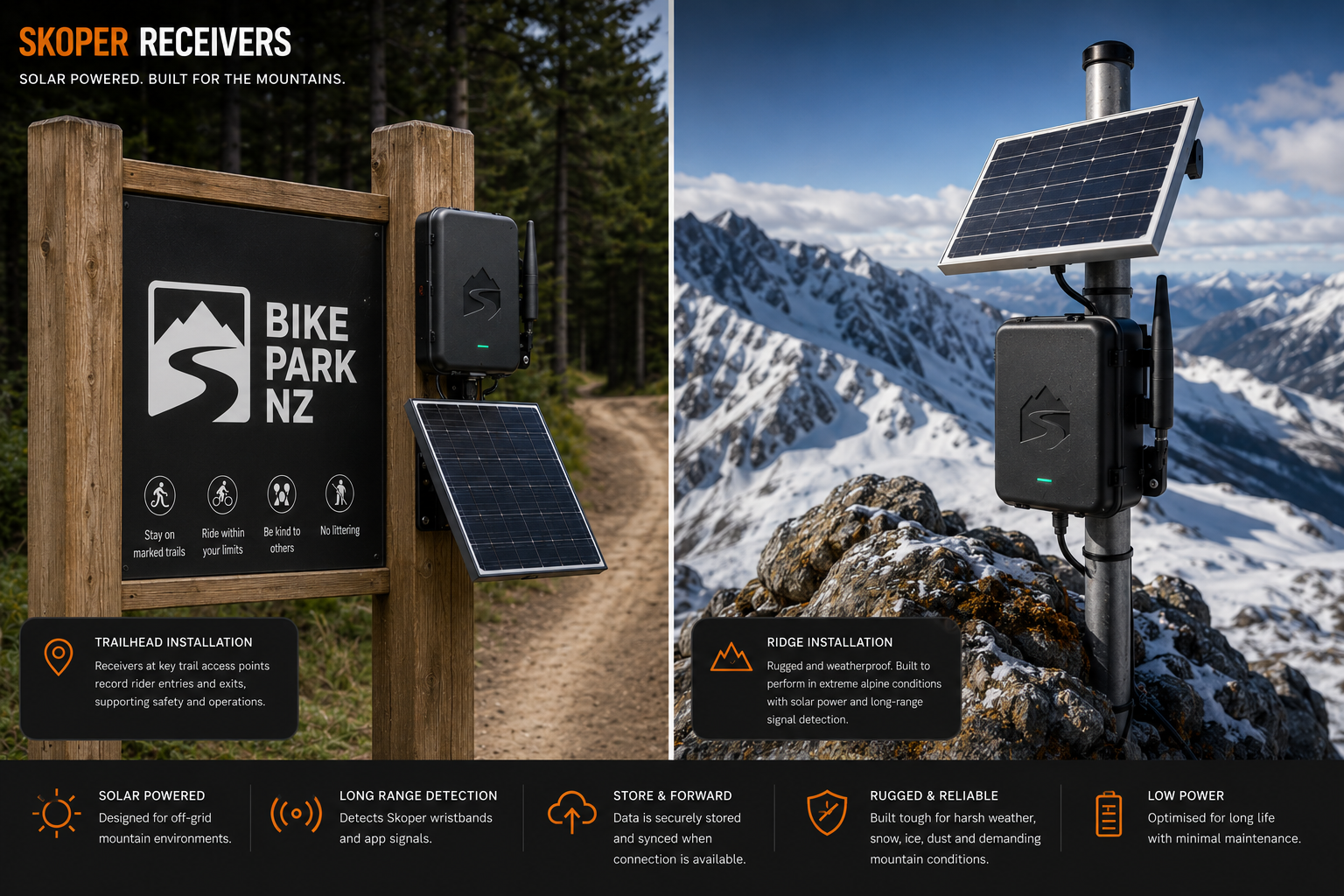 Solar-powered Skoper receivers in winter and summer mountain terrain