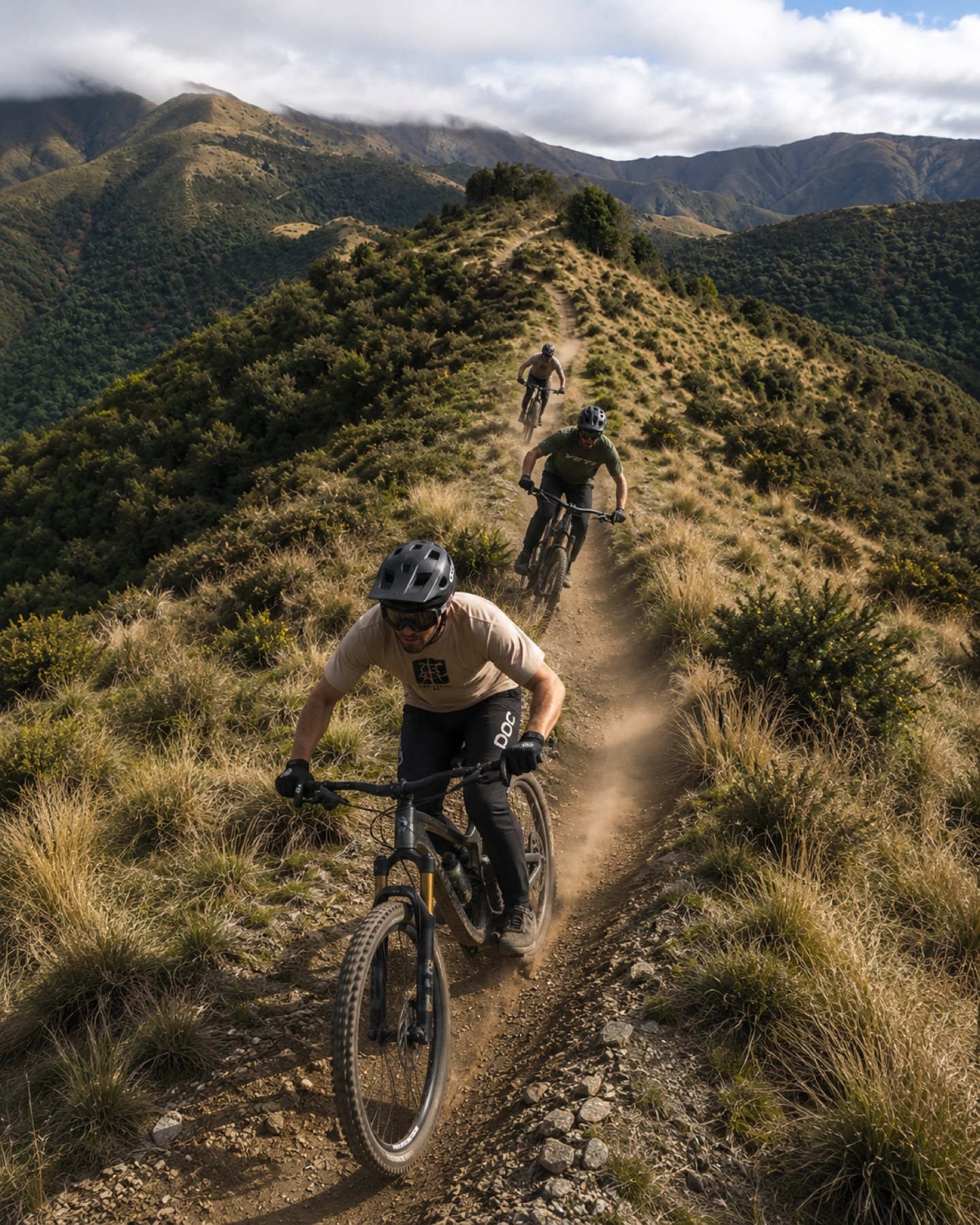 Riders moving through alpine singletrack
