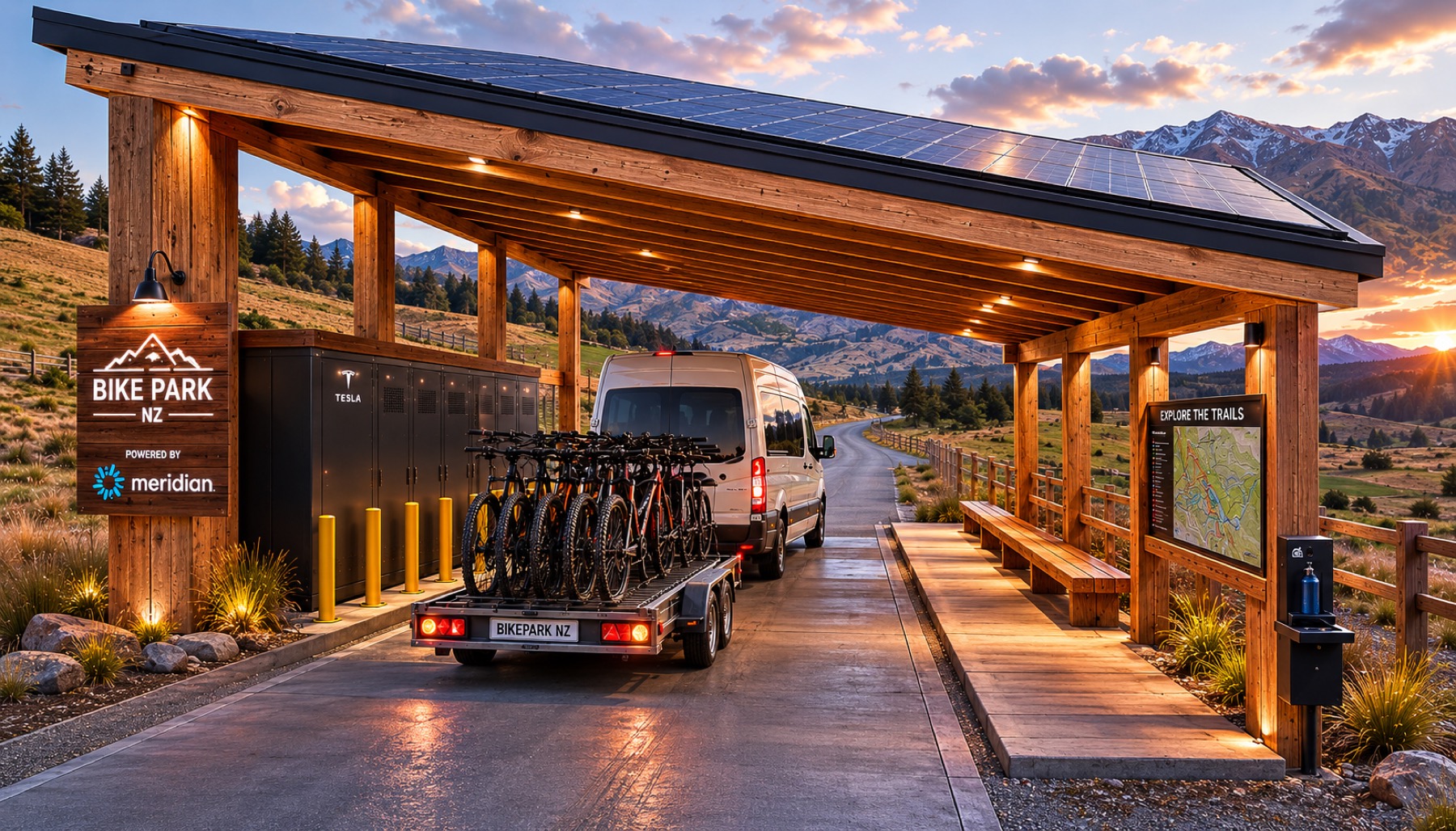 Bike Park NZ solar canopy, EV shuttle loading bay, and Meridian charging infrastructure